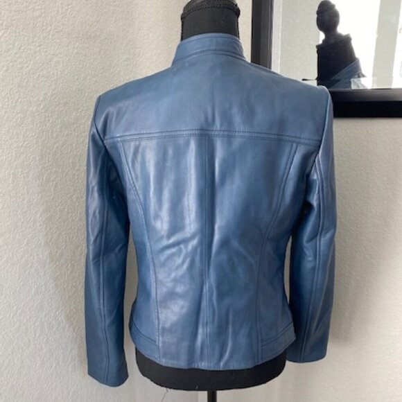 COLE HAAN 100% Leather Indigo Blue Moto Jacket Coat Small - Picture 6 of 12